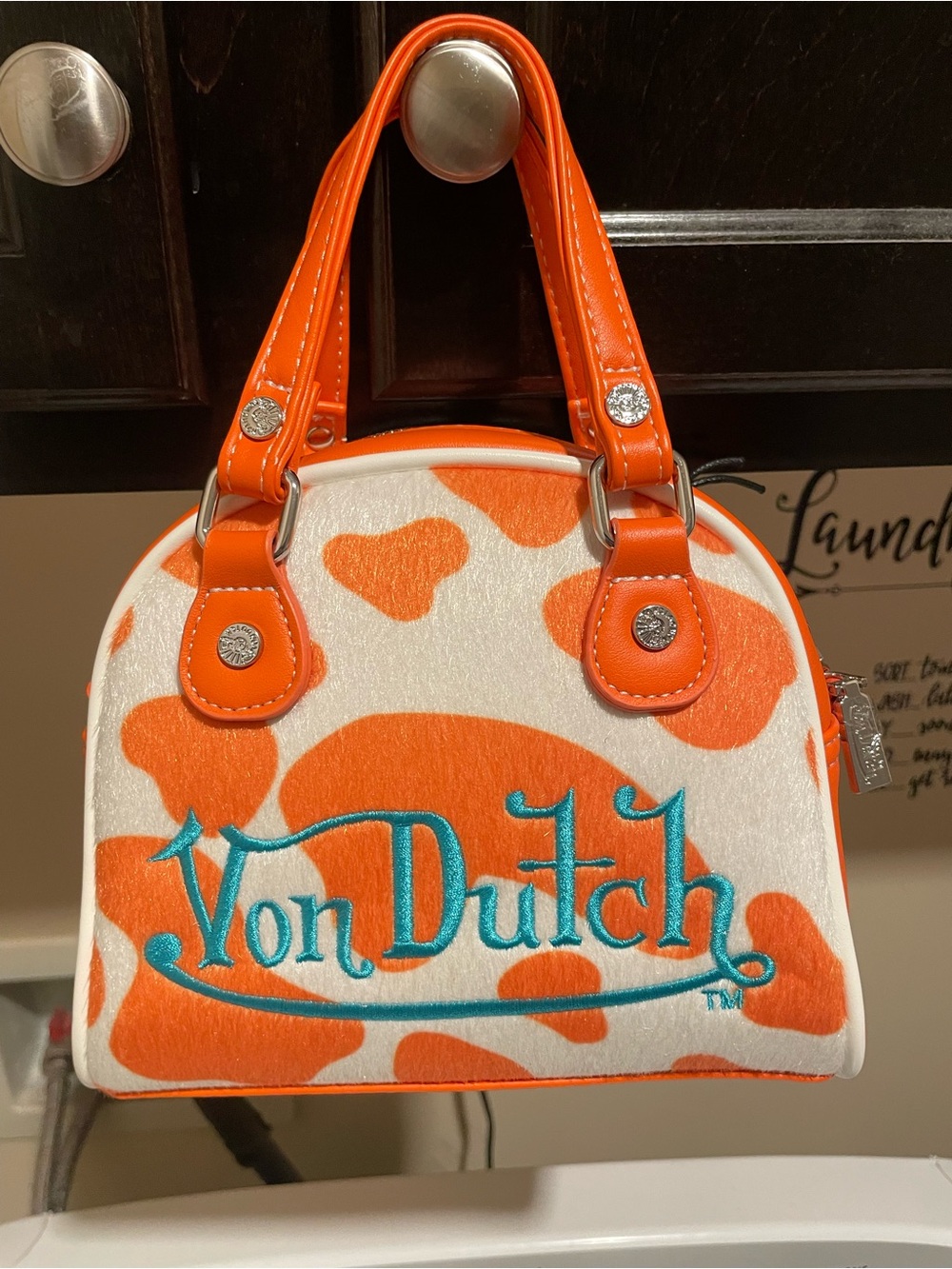 NWT Von Dutch Orange and White Cow Print Mini Bag with Teal Logo